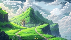白云青山风车花草地