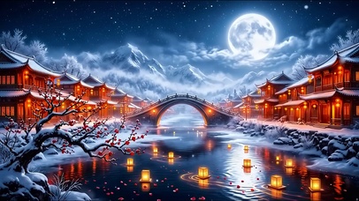 冬雪古镇河灯