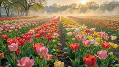 晨雾暖阳郁金香花田