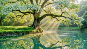晨曦湖畔花树治愈风景