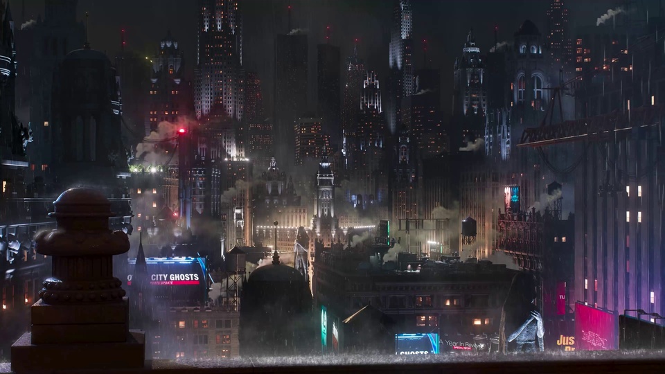 赛博朋克风雨夜都市夜景插画，高空俯瞰密集未来高楼群，建筑立面上分布霓虹发光广告牌，深灰黑色基底搭配暖橙黄色灯光与蓝粉色霓虹光效。