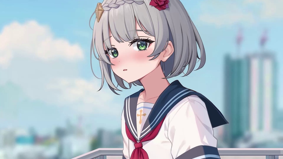 水手服少女近景，银灰短发绿瞳，背景是虚化城市楼宇与蓝天。