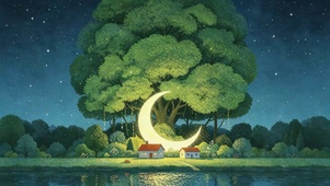 唯美梦幻大树下的月亮小屋