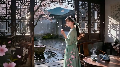 春庭樱落・绿裙少女