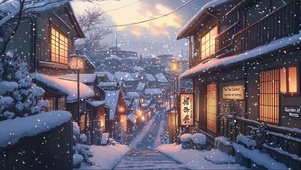 日系小镇的傍晚大雪