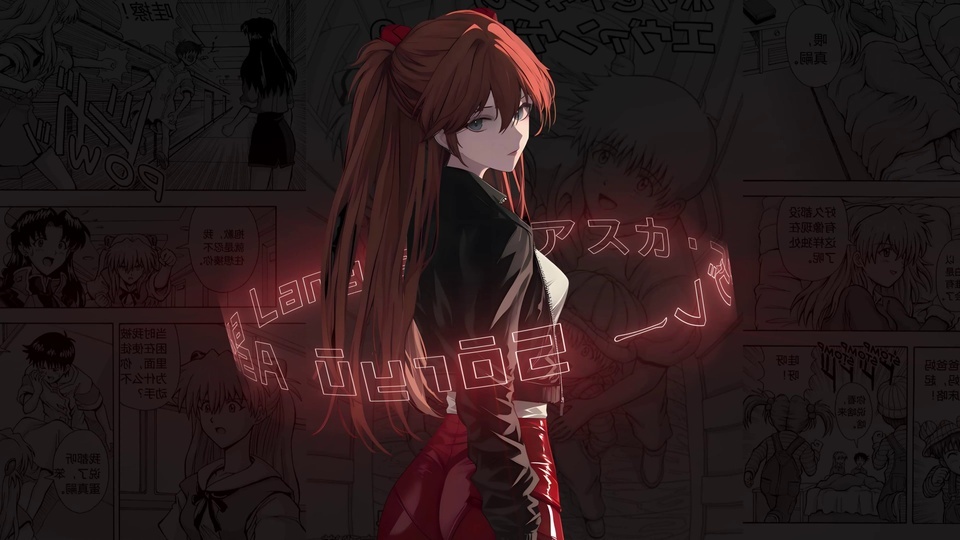 红长发双马尾二次元少女立于漫画分镜背景前，侧身回望镜头。