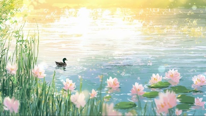 春日湖面微光粉色花海