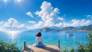 碧海蓝天观潮少女