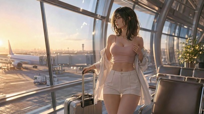 机场落日下的休闲少女