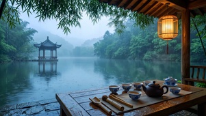 雨天湖边木亭品茶