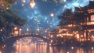古风夜景灯笼景色带鱼屏