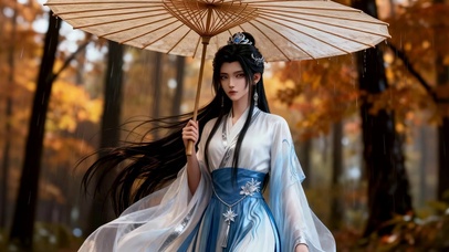 秋林雨幕下的佳人