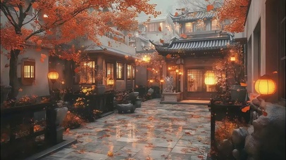 秋日庭院傍晚灯笼光影