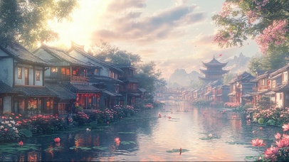 古风朦胧夏日傍晚小镇