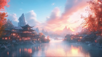 红叶湖畔古城傍晚