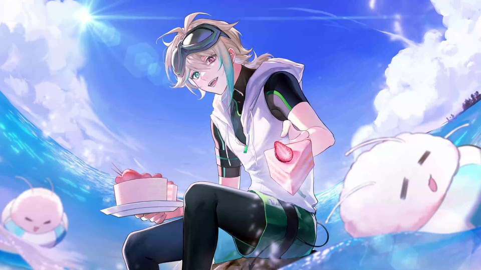 手持草莓蛋糕的动漫少年与圆萌软泡的碧海晴空插画