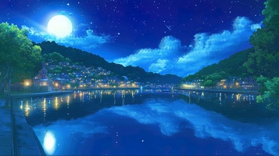 圆月古风静谧河岸小镇