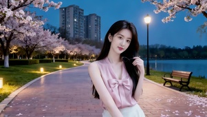 傍晚公园湖畔小径甜美笑容美女