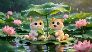 荷伞避雨萌猫