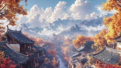 远眺秋日古城清爽风景
