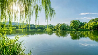 晴日翠柳湖畔清新风光