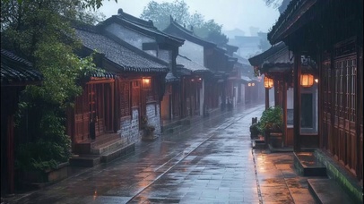 阴天雨中静谧古镇风景