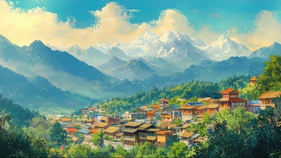 蓝天白云山脉古城小镇