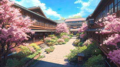 春日樱花日式校园建筑