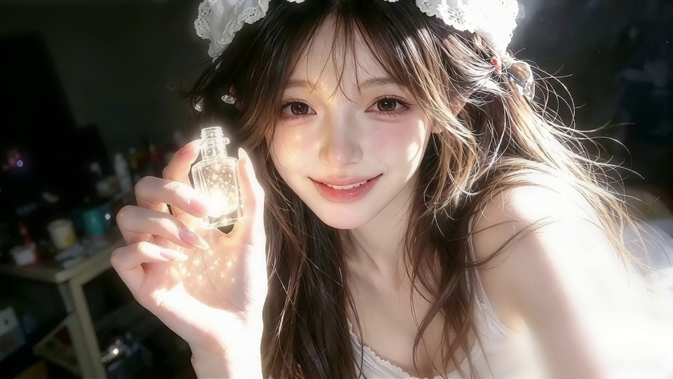 暖光昏暗室内，白衣长发女性手持盛有金色星点的透明小玻璃瓶