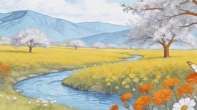 樱花树木河流带鱼屏