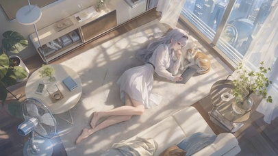 窗边慵懒银发少女与猫咪