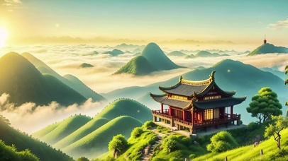 唯美治愈云海古寺黄昏