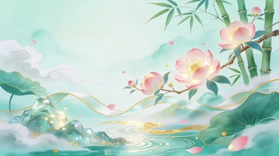 薄荷绿柔雾新中式国风意境