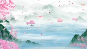 花雨唯美大气山水河流水墨画夕阳
