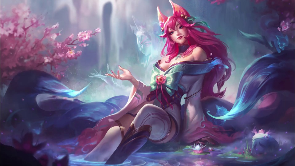 粉发狐耳少女坐于雾中浅水面，身侧樱花盛开，周身环绕带冷蓝光效的长尾