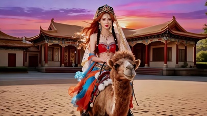 沙漠骑骆驼的新疆红衣美女2
