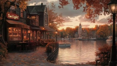 河岸秋日枫叶傍晚酒馆