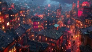 灯火璀璨热闹小镇夜景