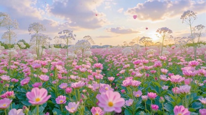 护眼晚霞浪漫粉色花田