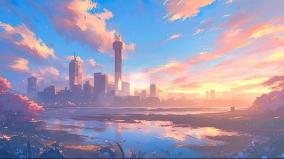 落日晚霞鲜花湖泊