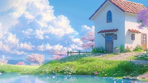 蓝天白云树木河流带鱼屏