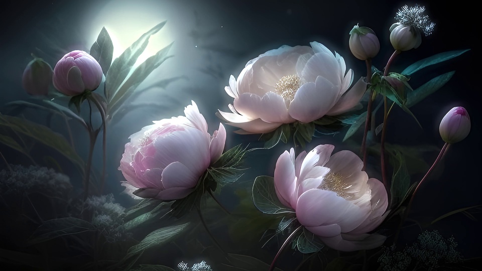 月夜雾气中的粉白牡丹与粉紫花苞，远处朦胧满月，深墨绿枝叶点缀