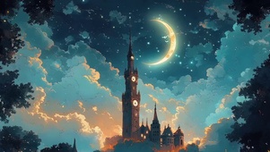 森林夜晚弯月古堡建筑