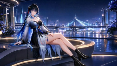 夜色江畔的蓝发少女