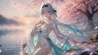 樱花湖畔银发二次元美少女