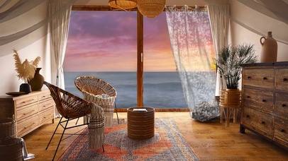 美丽小屋里眺望夕阳