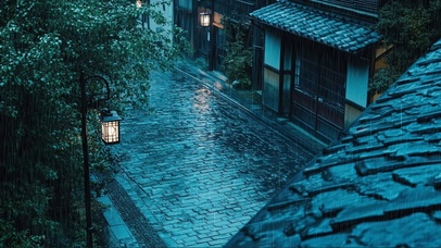 静谧雨夜傍晚古镇街道