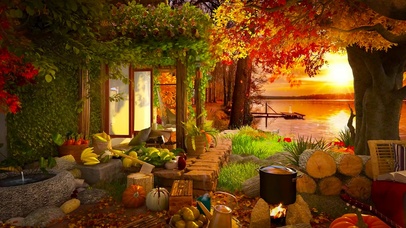 夕阳湖边秋林小屋