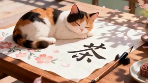 古风树下睡着猫咪带鱼屏