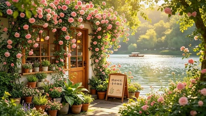 唯美湖边鲜花